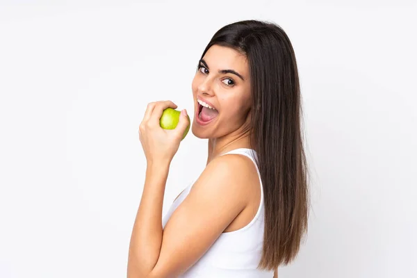 Mujer Joven Sobre Fondo Blanco Aislado Comiendo Una Manzana — Foto de Stock
