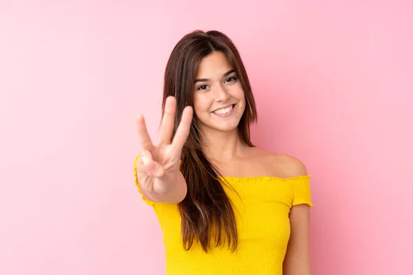Adolescente Brasileña Chica Sobre Aislado Rosa Fondo Feliz Contar Tres —  Fotos de Stock