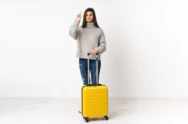 Full Length Body Traveler Woman Suitcase Isolated White Wall Touching — Stock Photo, Image