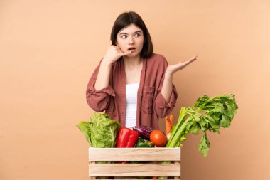 Bir kutuda taze sebze toplayan genç çiftçi kız telefon jesti yapıyor ve kuşkulanıyor.