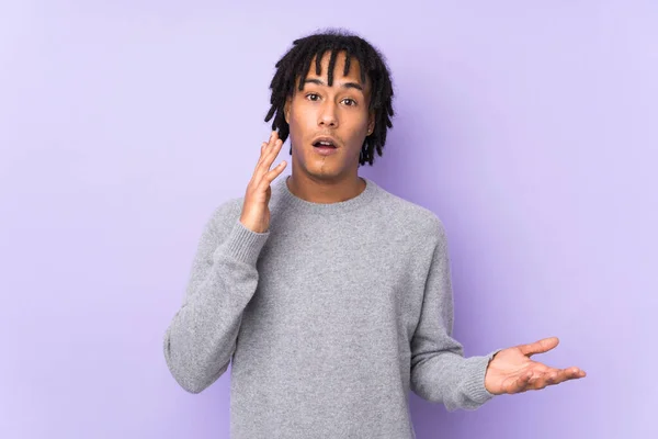 Young African American Man Isolated Purple Background Surprise Shocked Facial — Stock Photo, Image
