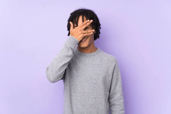 Young African American Man Isolated Purple Background Covering Eyes Hands — Stock Photo, Image