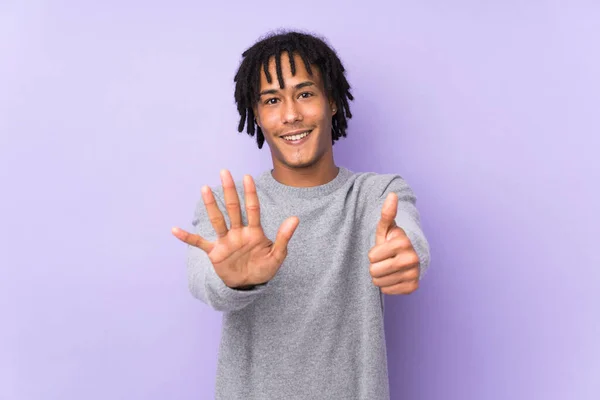 Young African American Man Isolated Purple Background Counting Six Fingers — Stock Photo, Image