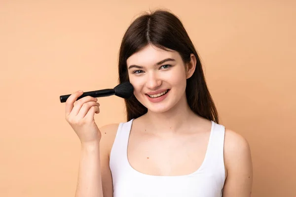 Jovem Adolescente Ucraniana Sobre Fundo Isolado Segurando Escova Maquiagem Whit — Fotografia de Stock