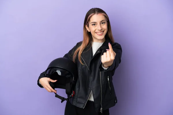 Young Caucasian Woman Holding Motorcycle Helmet Isolated Purple Background Doing — Stock Photo, Image