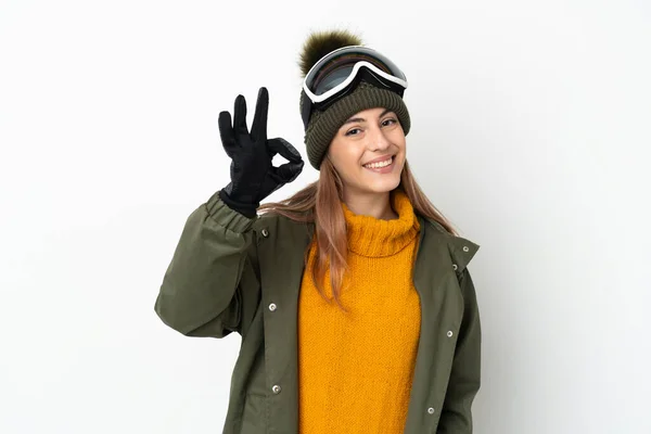 Skier Καυκάσιος Γυναίκα Γυαλιά Snowboarding Απομονώνονται Λευκό Φόντο Δείχνει Υπογράψει — Φωτογραφία Αρχείου