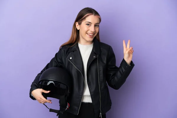 Young Caucasian Woman Holding Motorcycle Helmet Isolated Purple Background Smiling — Stock Photo, Image