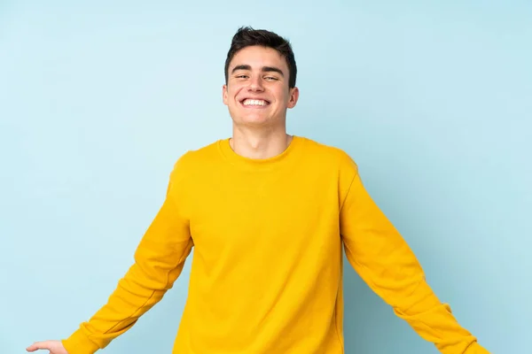Teenager Caucasian Handsome Man Isolated Purple Background Smiling — Stock Photo, Image