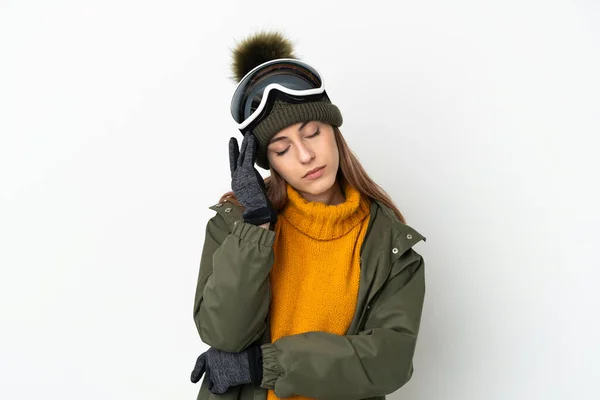 Σκι Καυκάσιος Γυναίκα Γυαλιά Snowboarding Απομονώνονται Λευκό Φόντο Πονοκέφαλο — Φωτογραφία Αρχείου