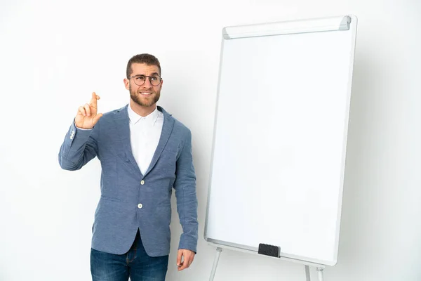 Jonge Zakenvrouw Geven Een Presentatie Witte Boord Geïsoleerd Witte Achtergrond — Stockfoto