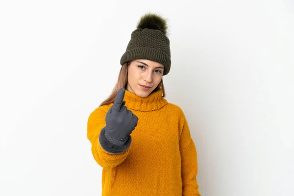 Young Girl Winter Hat Isolated White Background Doing Coming Gesture — Stock Photo, Image