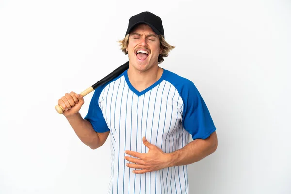 Mladý Blondýnka Muž Hraje Baseball Izolované Bílém Pozadí Úsměvem Hodně — Stock fotografie