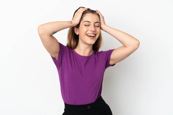 Young Caucasian Woman Isolated White Background Laughing — Stock Photo, Image