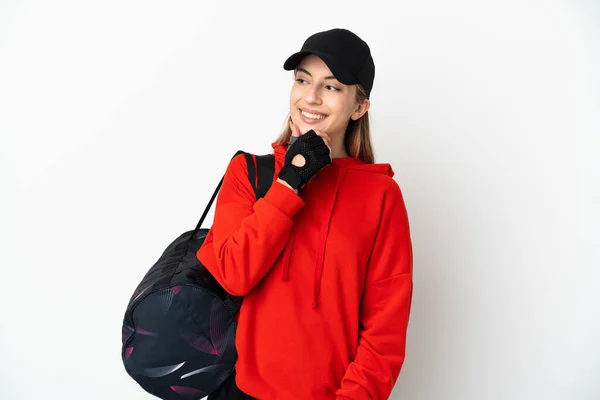 Mujer Deportiva Joven Con Bolsa Deporte Aislada Sobre Fondo Blanco —  Fotos de Stock