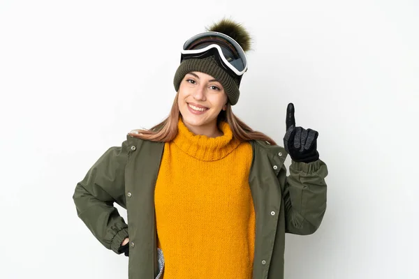 Skier Καυκάσιος Γυναίκα Γυαλιά Snowboarding Απομονώνονται Λευκό Φόντο Δείχνει Και — Φωτογραφία Αρχείου