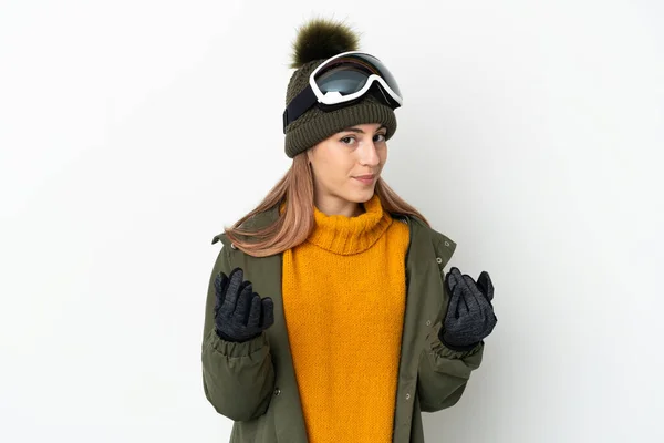 Esquiador Mujer Caucásica Con Gafas Snowboard Aisladas Sobre Fondo Blanco —  Fotos de Stock