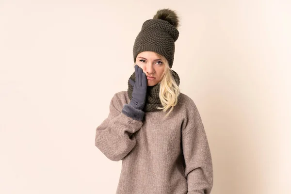 Young Woman Winter Hat Isolated Background Unhappy Frustrated — Stock Photo, Image