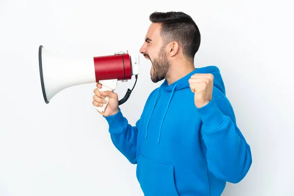 Young Caucasian Handsome Man Isolated White Background Shouting Megaphone Announce — Stock Photo, Image