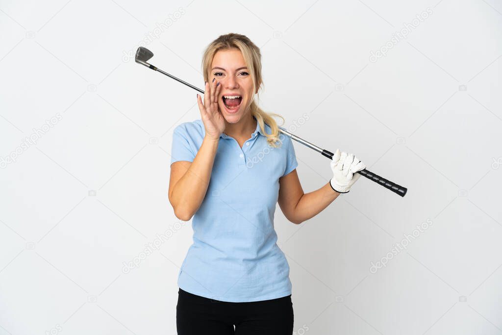 Young Russian golfer woman isolated on white background shouting with mouth wide open