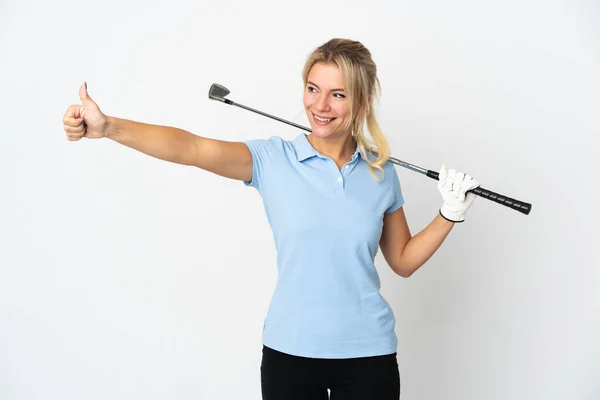 Jovem Russa Golfista Mulher Isolada Fundo Branco Dando Gesto Polegares — Fotografia de Stock