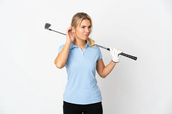 Young Russian Golfer Woman Isolated White Background Having Doubts — Stock Photo, Image