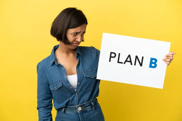 Young Mixed Race Woman Isolated Yellow Background Holding Placard Message — Stock Photo, Image