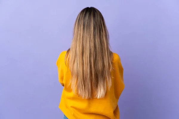 Young Hispanic Woman Isolated Purple Background Back Position — Stock Photo, Image