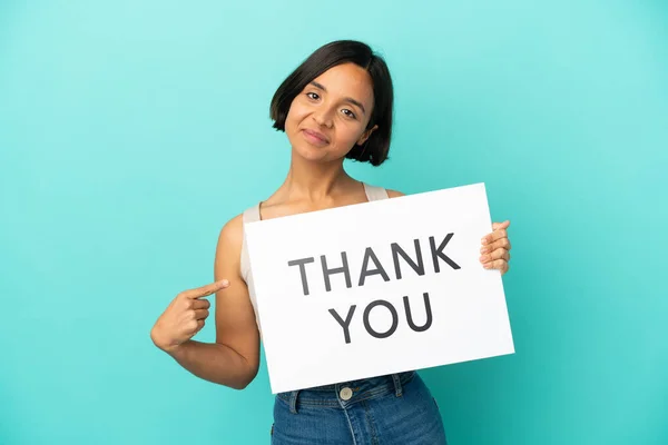 Young Mixed Race Woman Isolated Blue Background Holding Placard Text — Stock Photo, Image