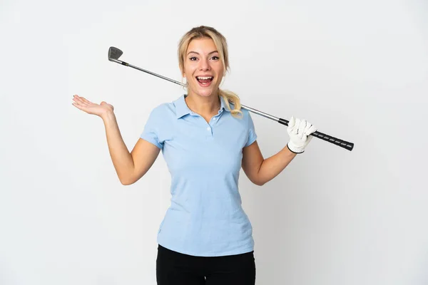 Mladý Ruský Golfista Žena Izolované Bílém Pozadí Šokovaným Výrazem Obličeje — Stock fotografie