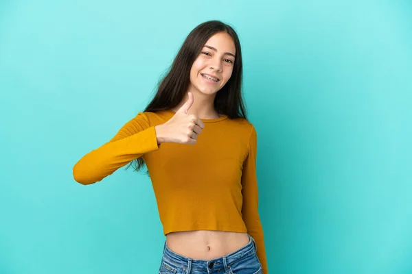 Junge Französin Isoliert Auf Blauem Hintergrund Mit Einer Daumen Hoch — Stockfoto