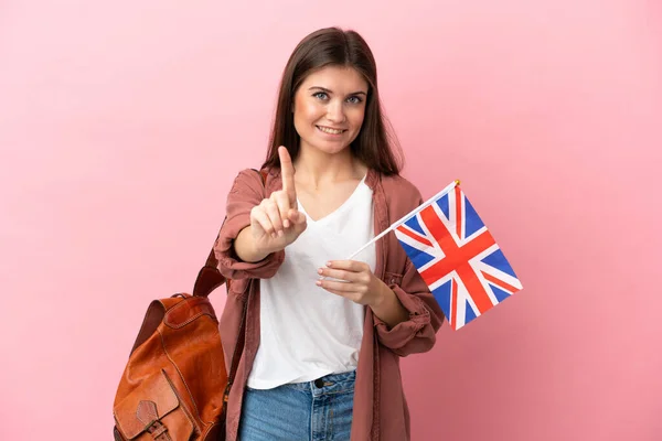 Ung Kaukasisk Kvinna Som Håller Brittisk Flagga Isolerad Rosa Bakgrund — Stockfoto