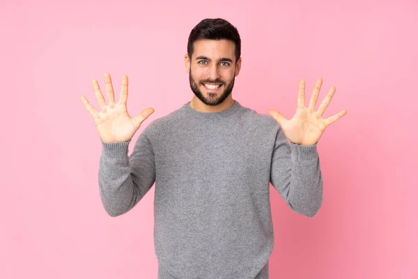 Vit Stilig Man Över Isolerad Bakgrund Räkna Tio Med Fingrar — Stockfoto