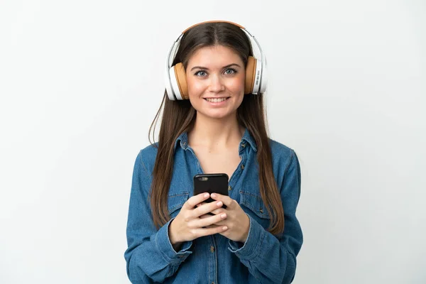 Jeune Femme Caucasienne Isolée Sur Fond Blanc Écoutant Musique Avec — Photo