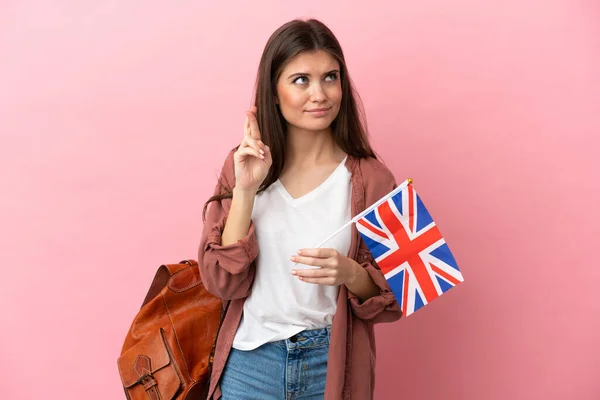 Young Caucasian Woman Holding United Kingdom Flag Isolated Pink Background — Stock Photo, Image