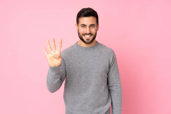 Vit Stilig Man Över Isolerad Bakgrund Glad Och Räkna Fyra — Stockfoto