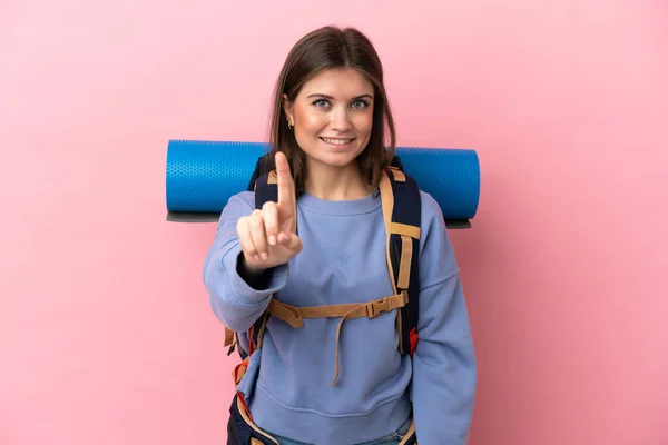 Jeune Alpiniste Femme Avec Grand Sac Dos Isolé Sur Fond — Photo