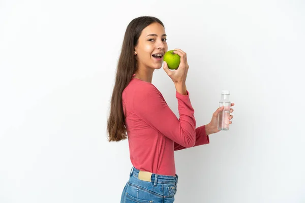 Menina Francesa Jovem Isolado Fundo Branco Com Uma Maçã Com — Fotografia de Stock