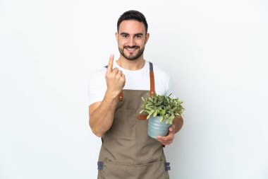 Bahçıvan beyaz arka planda izole edilmiş bir bitki tutuyor.