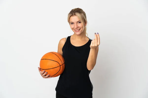 Jovem Mulher Russa Jogando Basquete Isolado Fundo Branco Fazendo Gesto — Fotografia de Stock