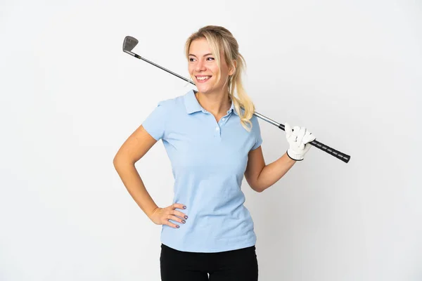 Young Russian Golfer Woman Isolated White Background Posing Arms Hip — Stock Photo, Image