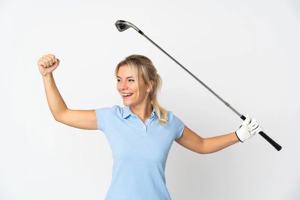 Jovem Russa Isolada Fundo Branco Jogando Golfe Celebrando Uma Vitória — Fotografia de Stock