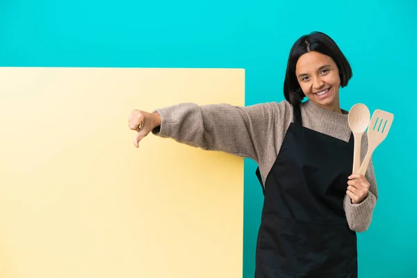 Young Mixed Race Cook Woman Big Placard Isolated Blue Background — Stock Photo, Image