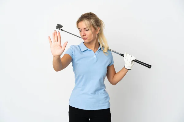 Jovem Russa Golfista Mulher Isolada Fundo Branco Fazendo Parar Gesto — Fotografia de Stock