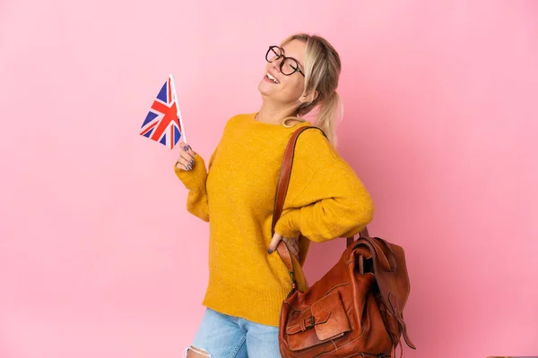 Young Russian Woman Holding United Kingdom Flag Isolated Pink Background — Stock Photo, Image