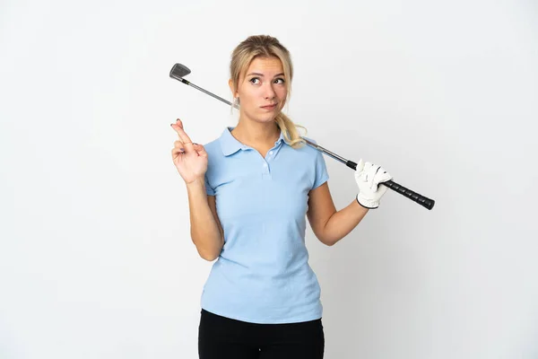 Young Russian Golfer Woman Isolated White Background Fingers Crossing Wishing — Stock Photo, Image