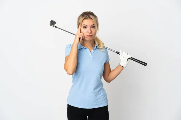 Young Russian Golfer Woman Isolated White Background Thinking Idea — Stock Photo, Image