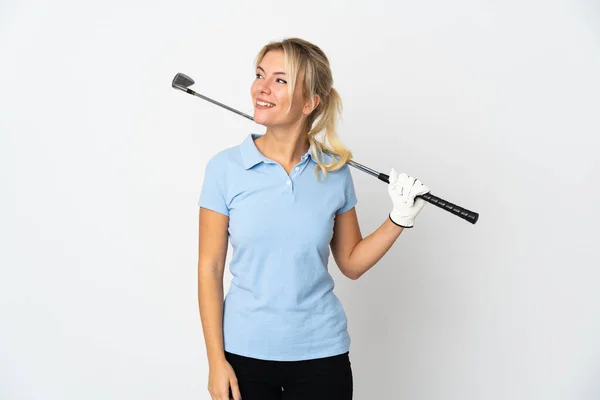 Jovem Russa Golfista Mulher Isolada Fundo Branco Olhando Para Lado — Fotografia de Stock