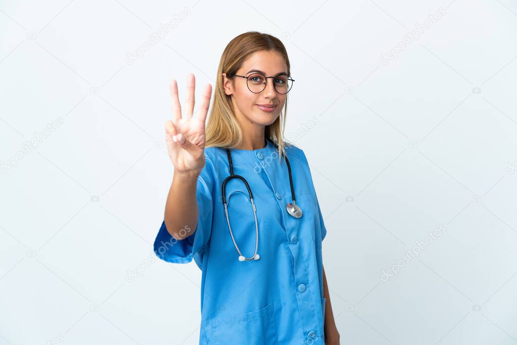 Surgeon doctor woman over isolated white background happy and counting three with fingers