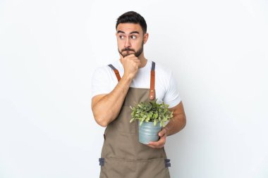 Bahçıvan beyaz arka planda bir bitki tutuyor. Şüpheleri ve düşünceleri var.