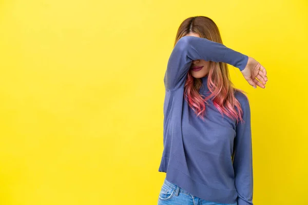 Young Woman Isolated Yellow Background Covering Eyes Hands — Stock Photo, Image